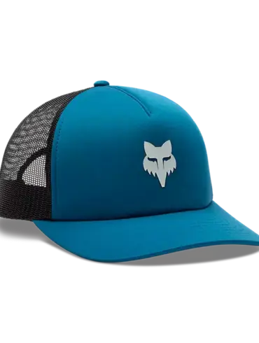 Blaue Trucker-Kappe mit schwarzem Mesh-Einsatz und Fox-Logo, Seitenansicht