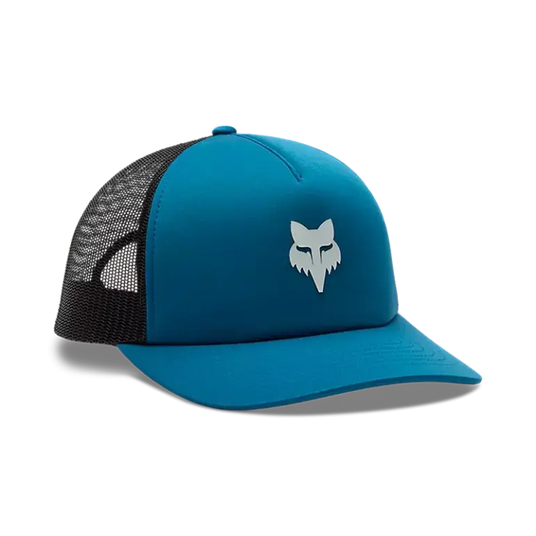 Blaue Trucker-Kappe mit schwarzem Mesh-Einsatz und Fox-Logo, Seitenansicht