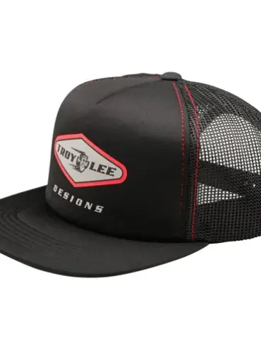 Schwarze Trucker Snapback Kappe von Troy Lee Designs mit Mesh-Einsätzen und rotem Logo-Aufnäher