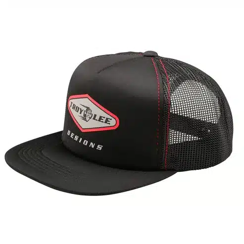 Schwarze Trucker Snapback Kappe von Troy Lee Designs mit Mesh-Einsätzen und rotem Logo-Aufnäher