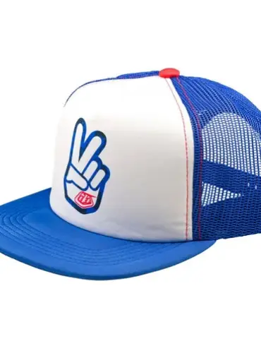 Trucker Snapback Peace Out Kappe in Weiß und Blau mit Mesh-Einsatz und Peace-Motiv