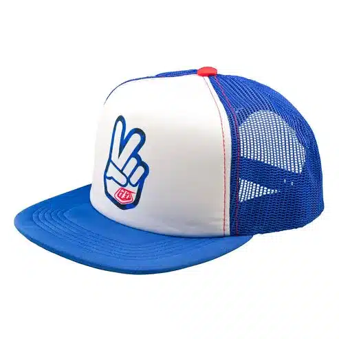 Trucker Snapback Peace Out Kappe in Weiß und Blau mit Mesh-Einsatz und Peace-Motiv
