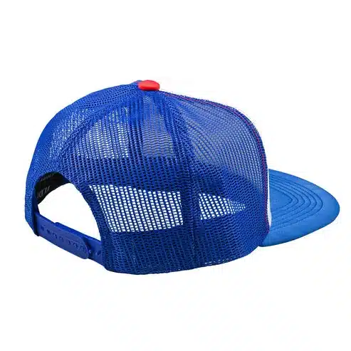 Rückansicht der Trucker Snapback Peace Out Kappe in Weiß und Blau