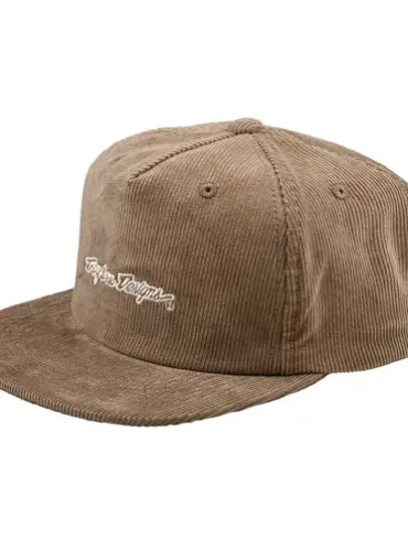 Unstrukturierte Snapback Signature Kappe aus braunem Cord mit weißem Troy Lee Designs-Schriftzug.