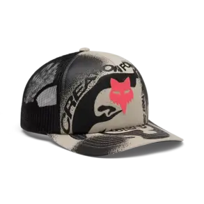 Vision Mesh Trucker Cap in hellem Kreideweiß mit auffälligem Allover-Print und rotem Fox‑Head‑Logo, seitlich aufgenommen.