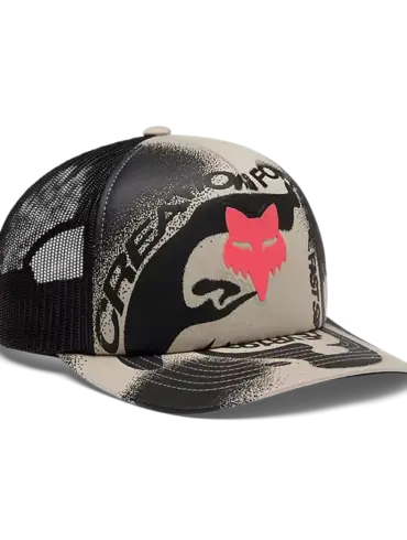 Vision Mesh Trucker Cap in hellem Kreideweiß mit auffälligem Allover-Print und rotem Fox‑Head‑Logo, seitlich aufgenommen.