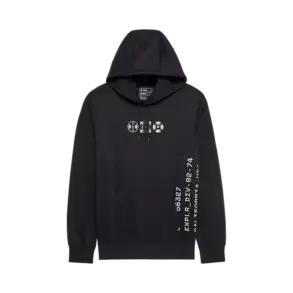 Schwarzer Hoodie mit grafischen Elementen an Brust und Ärmel, großzügiger Kängurutasche und verstellbaren Kordelzügen