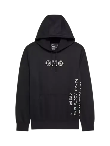 Schwarzer Hoodie mit grafischen Elementen an Brust und Ärmel, großzügiger Kängurutasche und verstellbaren Kordelzügen