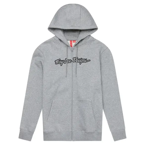 Grauer Zip Up Hoodie Signature Grey Heather von Troy Lee Designs, mit durchgehendem Reißverschluss und Logo auf der Brust
