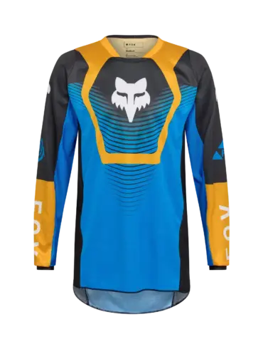 FOX 180 Collect Jersey in Blau-Gelb mit charakteristischem Fuchs-Logo und verlängertem Rückenteil.