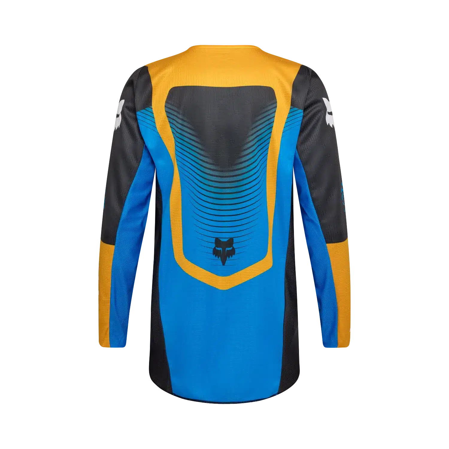 Rückseite eines blauen, gelben und schwarzen Fox 180 Collect Motocross-Trikots mit verlängertem Rückenteil.