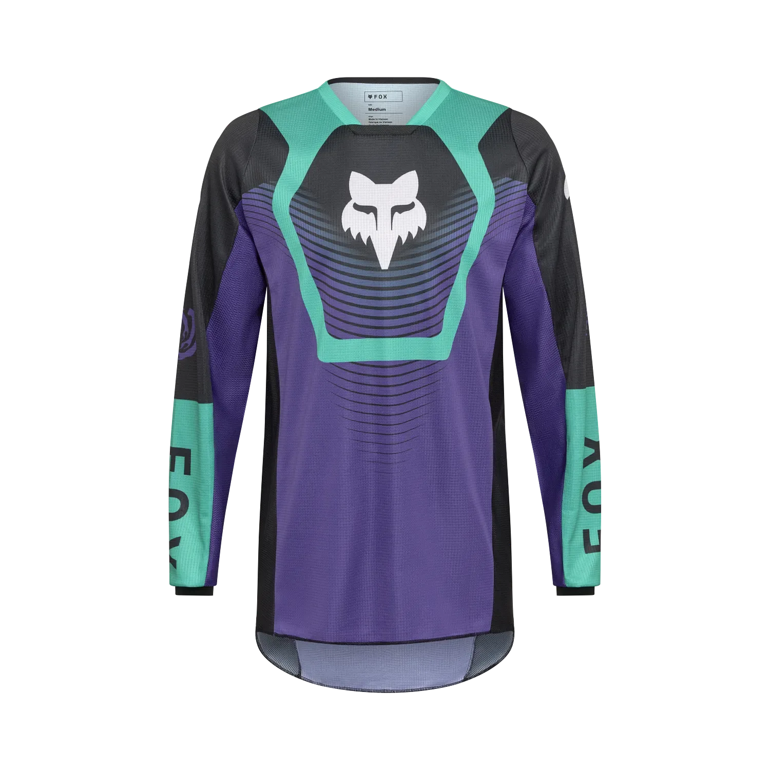 Motocross-Trikot Fox 180 Collect Jersey in Lila und Türkis mit langem Arm, Mesh-Einsätzen und Fox-Logo.