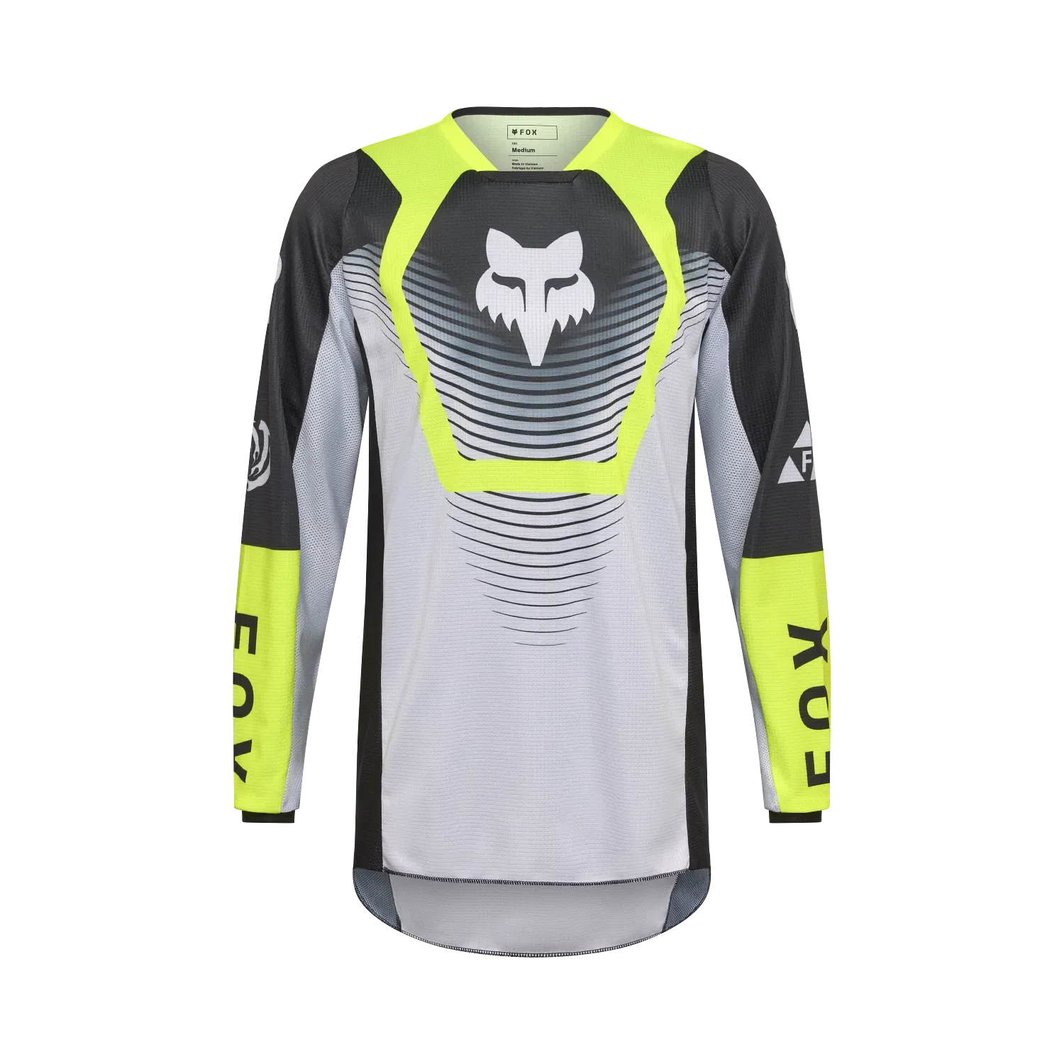 FOX 180 Collect Motocross Trikot in Grau, Schwarz und Neon-Gelb, frontal fotografiert.