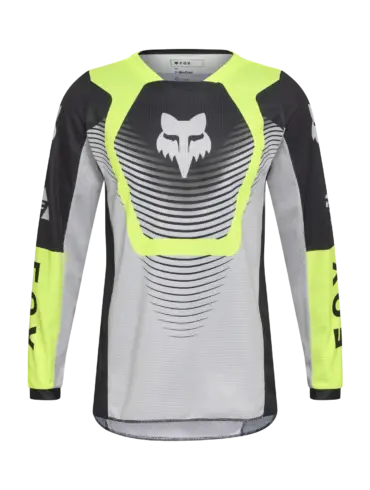 Fox 180 Collect Jersey für Jugendliche in Grau und Gelb, Vorderansicht mit Mesh-Einsätzen und markantem Logo.