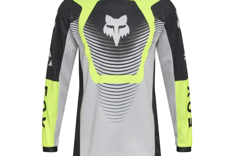 Fox 180 Collect Jersey für Jugendliche in Grau und Gelb, Vorderansicht mit Mesh-Einsätzen und markantem Logo.