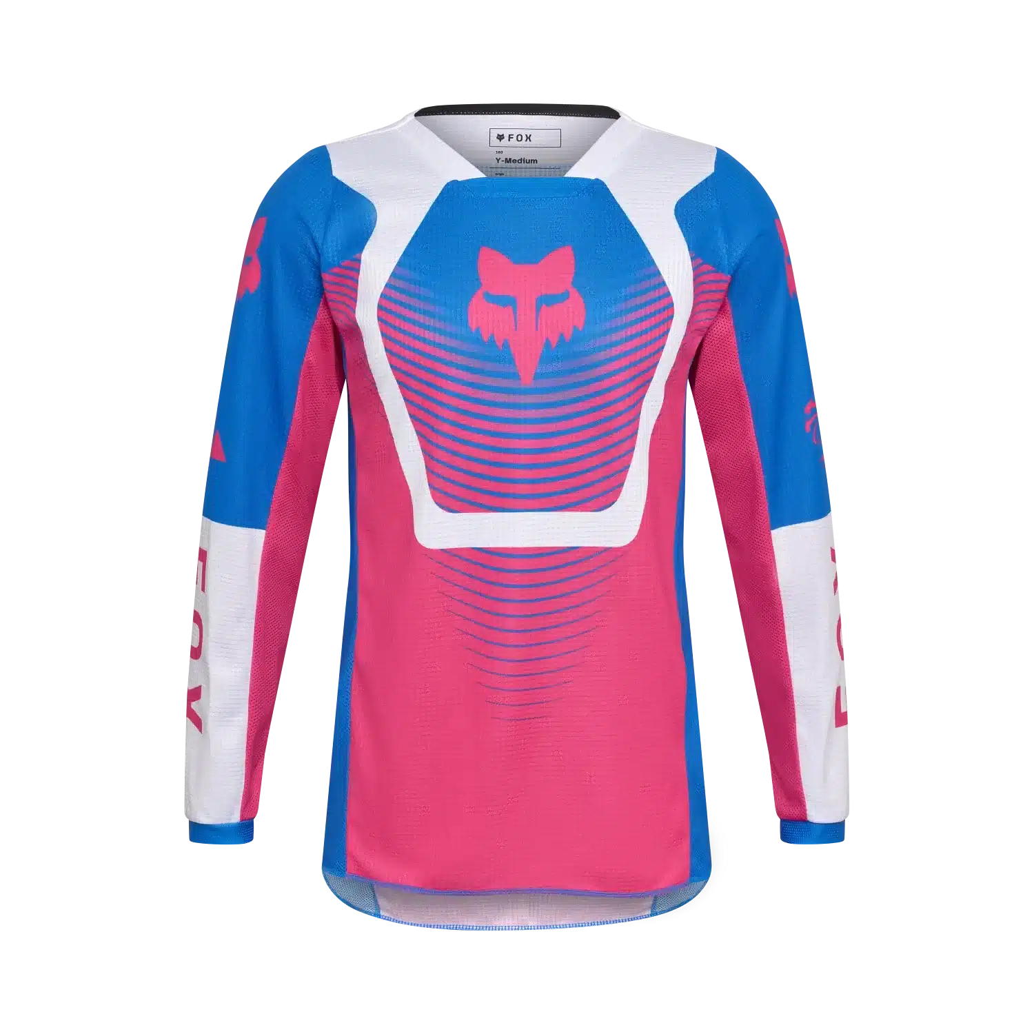 Jersey für Jugendliche von Fox Racing in Pink, Blau und Weiß mit langem Arm und belüftetem Mesh-Gewebe, vorderseitig das Fox-Logo.