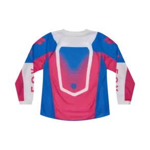 Rückansicht eines bunten Motocross-Jerseys für Kinder mit langen Ärmeln, von Fox Racing, in Blau, Pink und Weiß