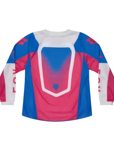 Rückansicht eines bunten Motocross-Jerseys für Kinder mit langen Ärmeln, von Fox Racing, in Blau, Pink und Weiß