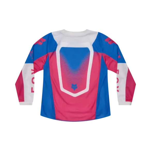 Rückansicht eines bunten Motocross-Jerseys für Kinder mit langen Ärmeln, von Fox Racing, in Blau, Pink und Weiß