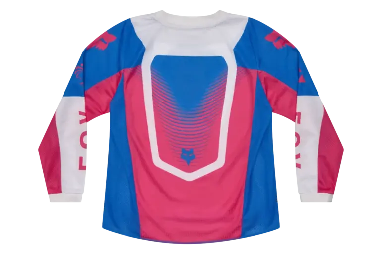Rückansicht eines bunten Motocross-Jerseys für Kinder mit langen Ärmeln, von Fox Racing, in Blau, Pink und Weiß
