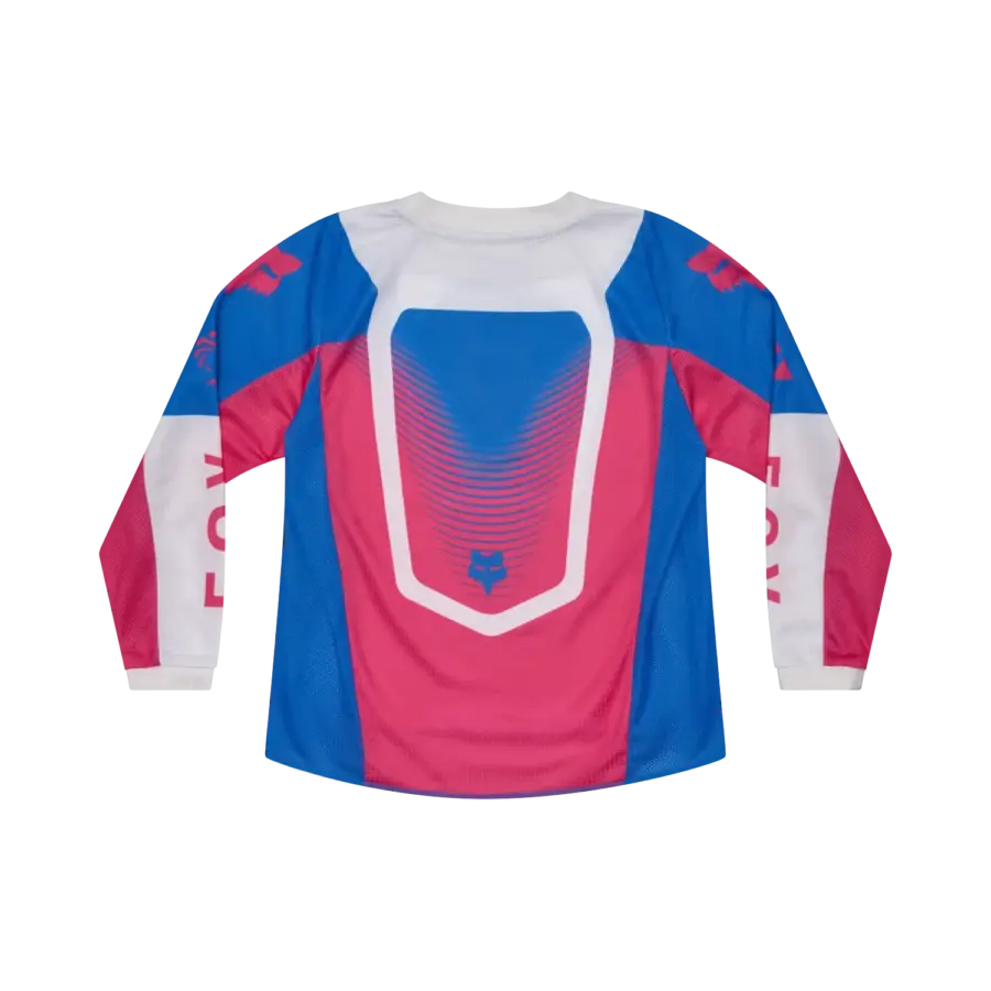 Rückansicht eines bunten Motocross-Jerseys für Kinder mit langen Ärmeln, von Fox Racing, in Blau, Pink und Weiß
