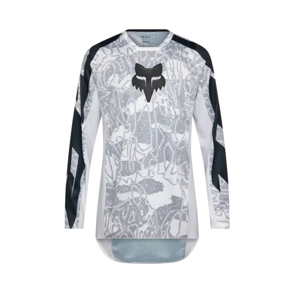 Weißes FOX 180 DNGR Motocross Trikot mit schwarzem Fuchs-Logo und technischen Mesh-Einsätzen