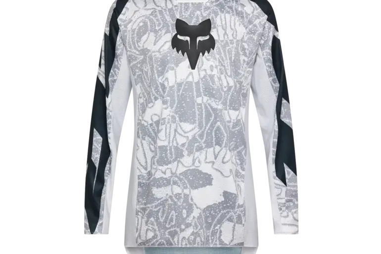 Weißes FOX 180 DNGR Motocross Trikot mit schwarzem Fuchs-Logo und technischen Mesh-Einsätzen