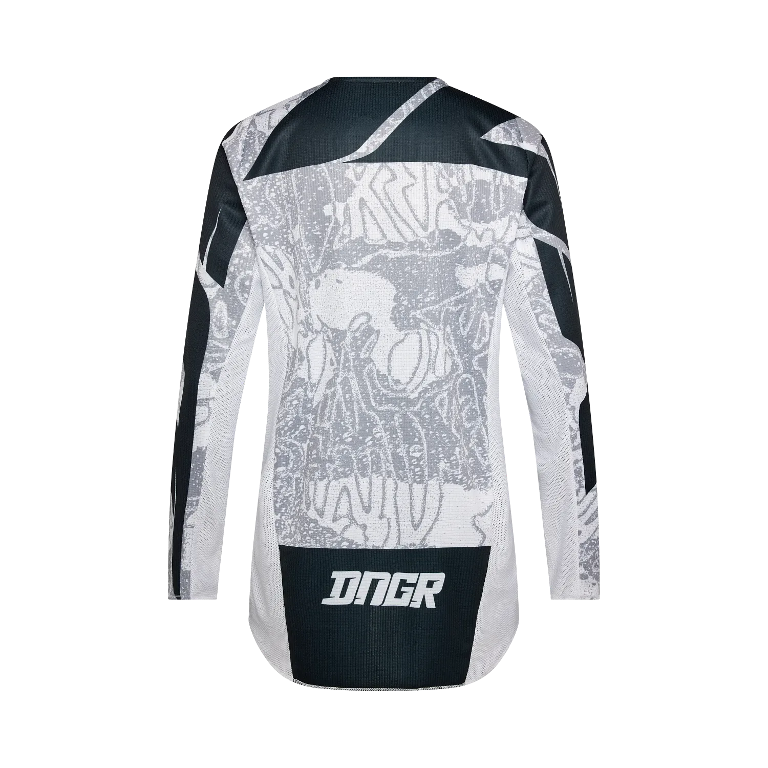 Rückansicht eines weißen Fox Racing 180 DNGR Motocross-Trikots mit grauen und schwarzen Akzenten sowie DNGR-Schriftzug