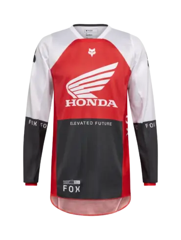 FOX 180 Honda Motocross Trikot mit langem Arm in Rot, Weiß und Schwarz, vorderseitige Ansicht.