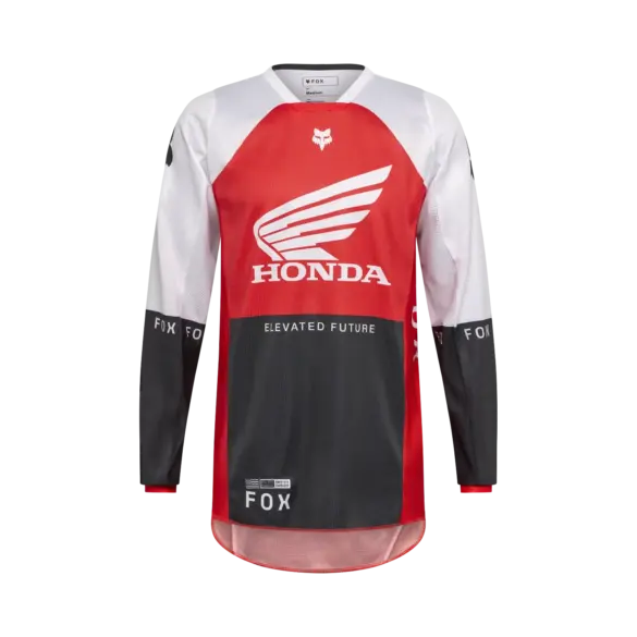 FOX 180 Honda Motocross Trikot mit langem Arm in Rot, Weiß und Schwarz, vorderseitige Ansicht.
