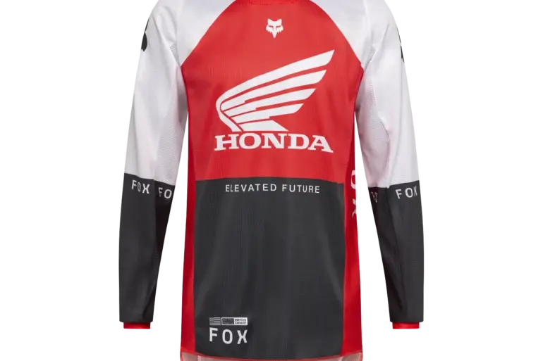 FOX 180 Honda Motocross Trikot mit langem Arm in Rot, Weiß und Schwarz, vorderseitige Ansicht.