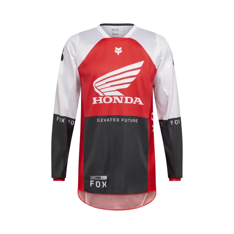 FOX 180 Honda Motocross Trikot mit langem Arm in Rot, Weiß und Schwarz, vorderseitige Ansicht.