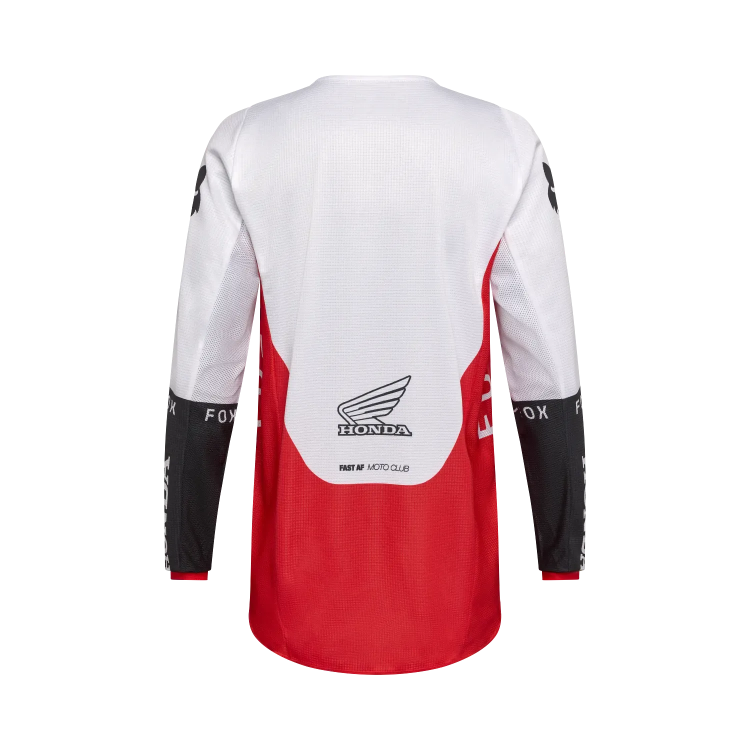Rotes und weißes Motocross Trikot Fox 180 Honda von hinten mit Honda-Logo.