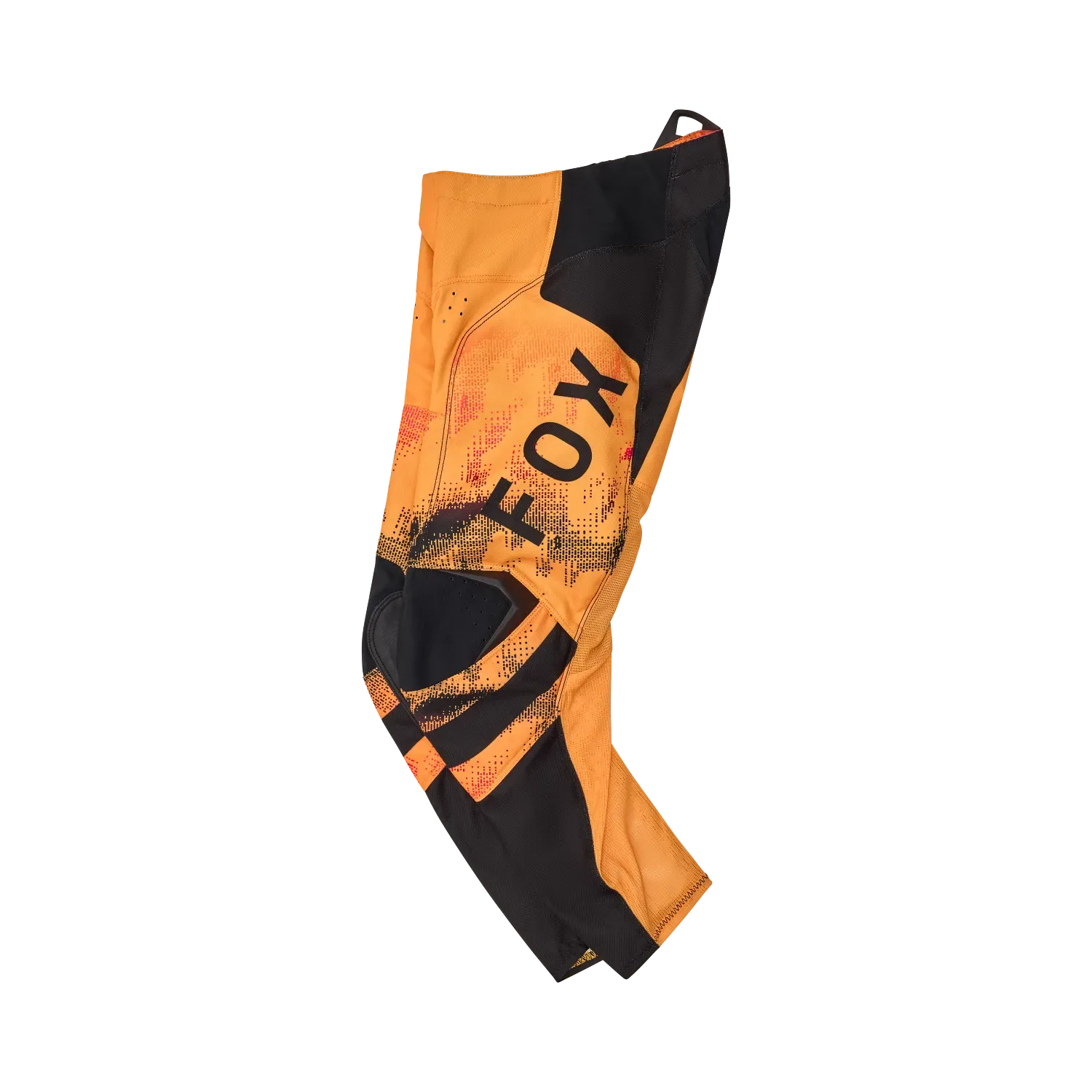 FOX 180 Kairos Motocross-Hose für Jugendliche in Orange und Schwarz mit Leder-Knieverstärkungen, Seitenansicht.