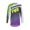 Fox Racing 180 Kawasaki Trikot in Purple/White, vorne abgebildet, langarm, mit FOX und Kawasaki Branding.