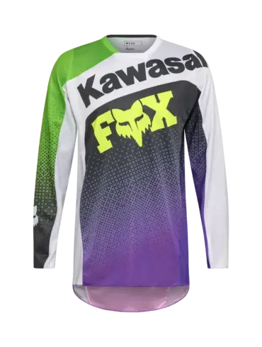Fox Racing 180 Kawasaki Trikot in Purple/White, vorne abgebildet, langarm, mit FOX und Kawasaki Branding.