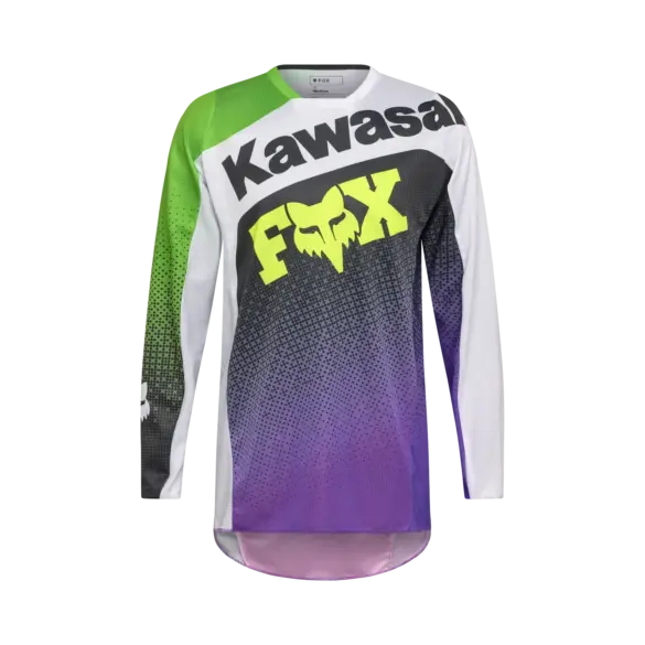 Fox Racing 180 Kawasaki Trikot in Purple/White, vorne abgebildet, langarm, mit FOX und Kawasaki Branding.