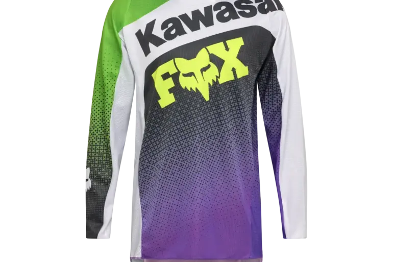 Fox Racing 180 Kawasaki Trikot in Purple/White, vorne abgebildet, langarm, mit FOX und Kawasaki Branding.