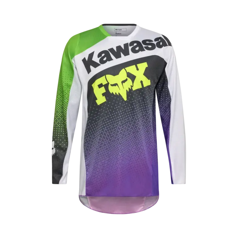 Fox Racing 180 Kawasaki Trikot in Purple/White, vorne abgebildet, langarm, mit FOX und Kawasaki Branding.