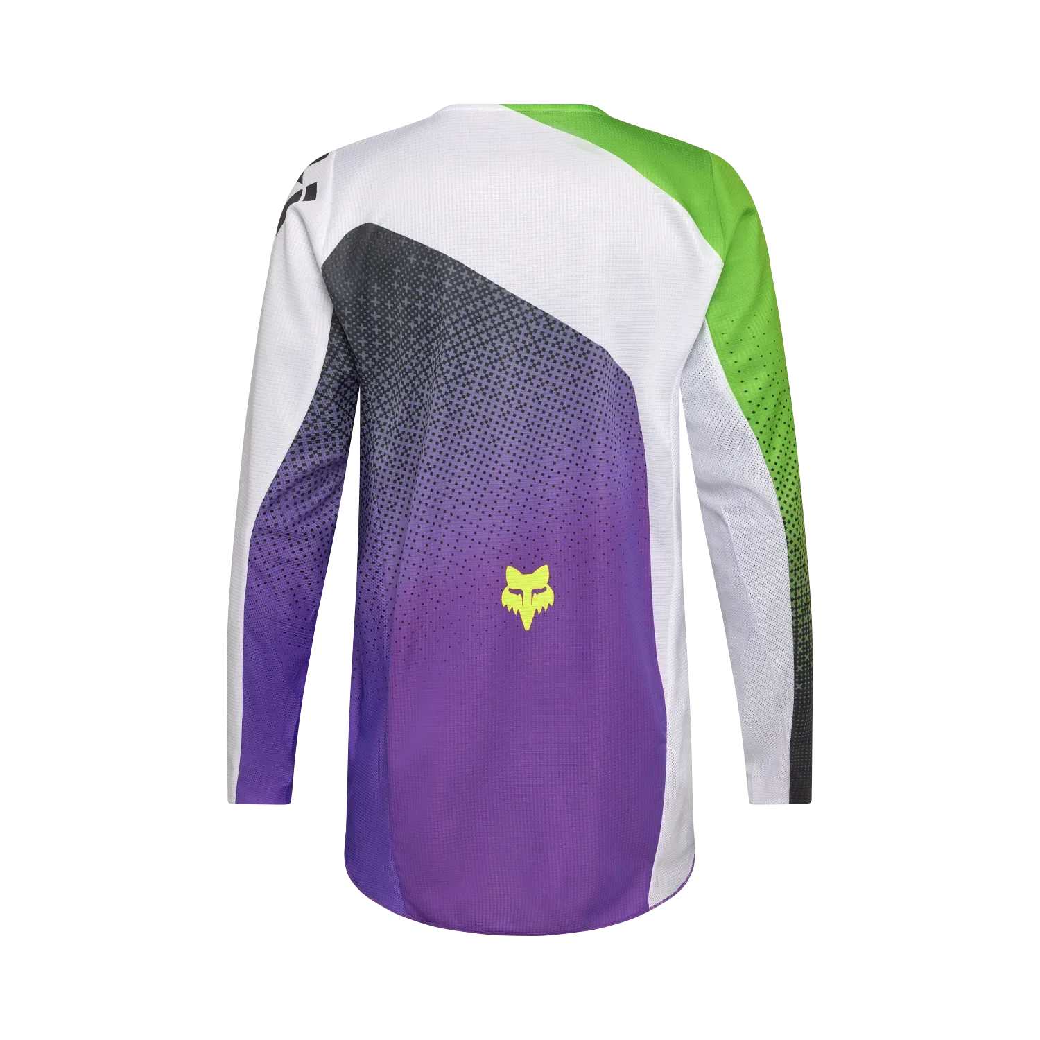 Rückansicht eines Fox 180 Kawasaki Trikots in Purple/White mit auffälligem Design und Mesh-Einsätzen.