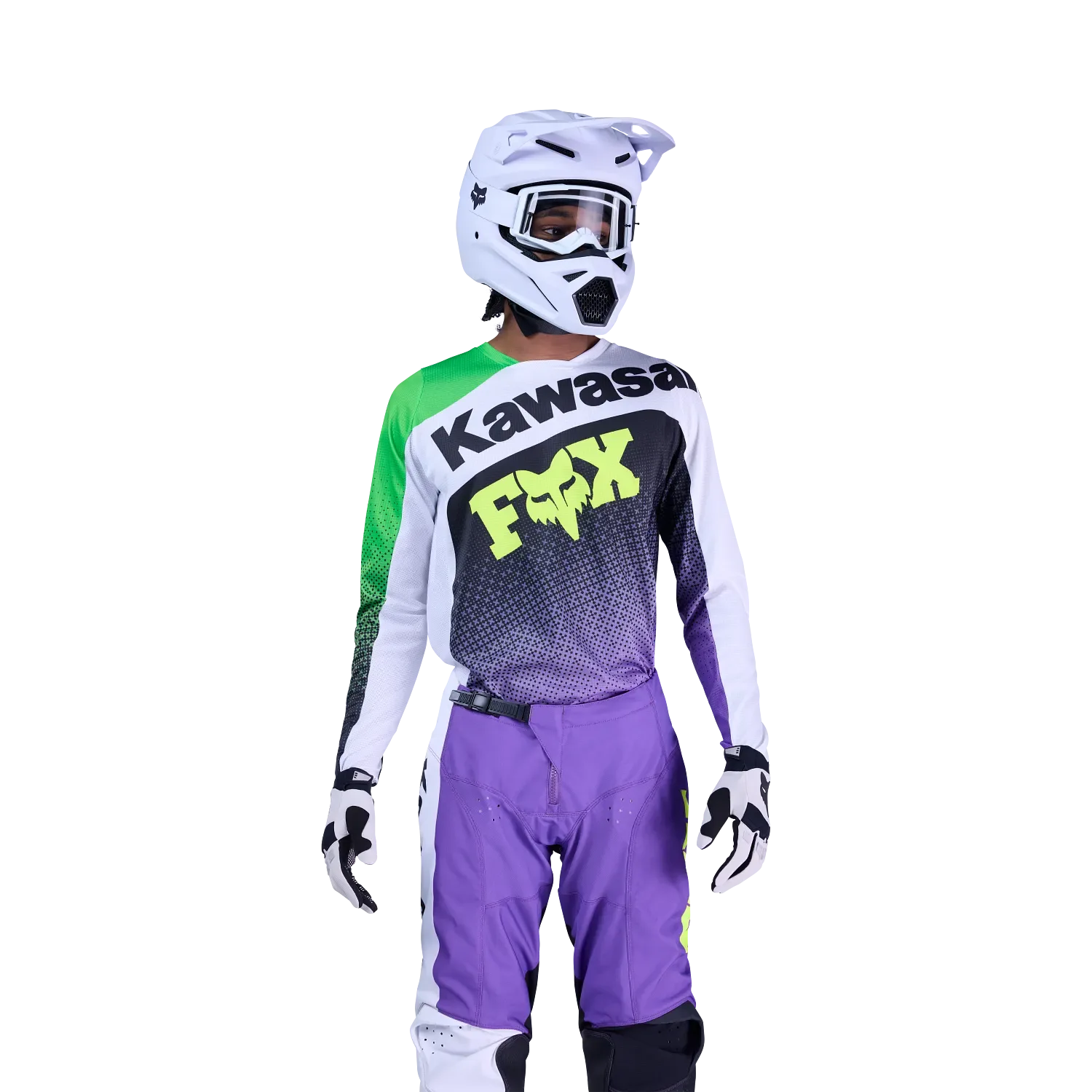 Motocross-Fahrer trägt das 180 Kawasaki Trikot von Fox Racing in lila, weiß und grün mit Helm und Handschuhen