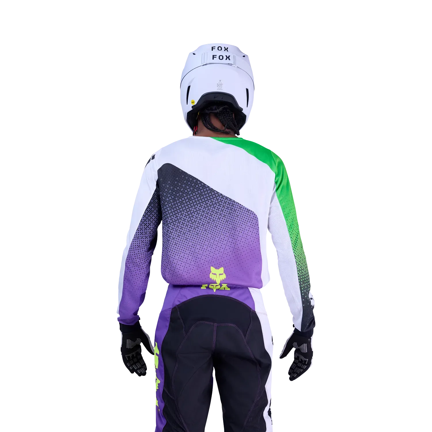 Motocross-Fahrer mit lila-weiß-grünem 180 Kawasaki Trikot von hinten, trägt Helm und Handschuhe.