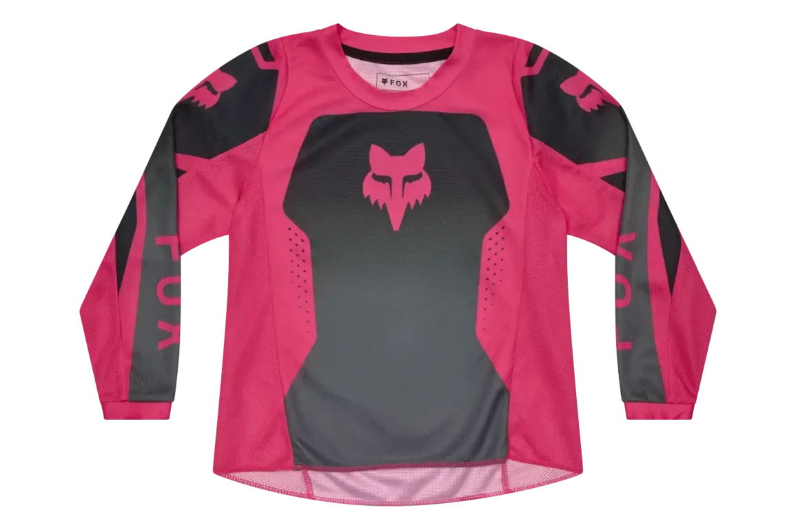 Pink-schwarzes 180 Shield Kinder-Motocross-Trikot mit Mesh-Einsätzen und Fox-Logo.
