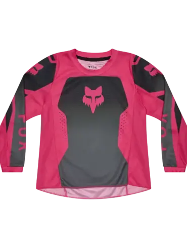 Pink-schwarzes 180 Shield Kinder-Motocross-Trikot mit Mesh-Einsätzen und Fox-Logo.