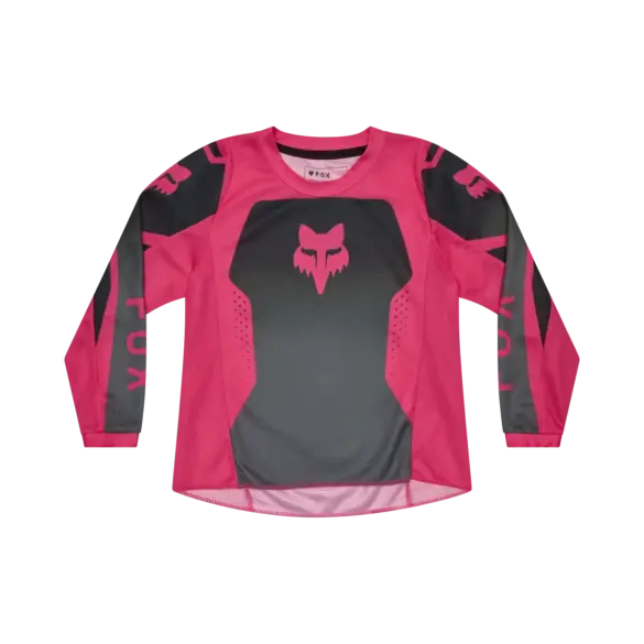 Pink-schwarzes 180 Shield Kinder-Motocross-Trikot mit Mesh-Einsätzen und Fox-Logo.
