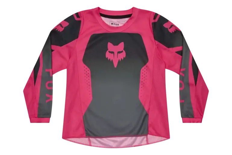 Pink-schwarzes 180 Shield Kinder-Motocross-Trikot mit Mesh-Einsätzen und Fox-Logo.