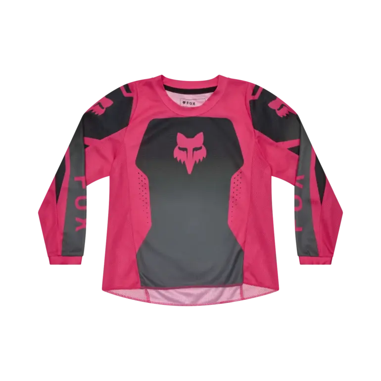 Pink-schwarzes 180 Shield Kinder-Motocross-Trikot mit Mesh-Einsätzen und Fox-Logo.
