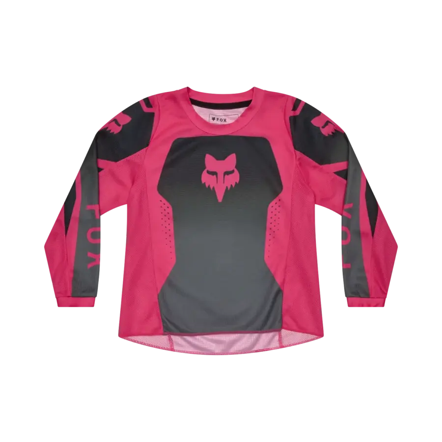 Pink-schwarzes 180 Shield Kinder-Motocross-Trikot mit Mesh-Einsätzen und Fox-Logo.