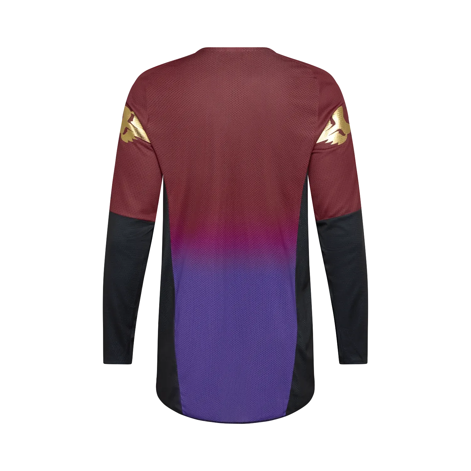 Rückansicht eines Fox 360 Drip Motocross-Trikots in Rostbraun mit violett-blauem Verlauf und langen Ärmeln.