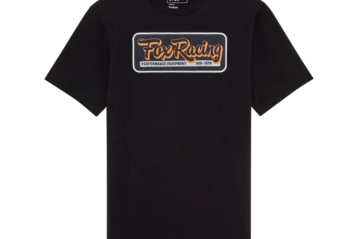 Schwarzes Fox Racing T-Shirt mit orangefarbener Grafik auf der Vorderseite